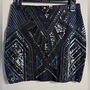 Express Black Sequin Geometric Mini Skirt Art Deco Party S